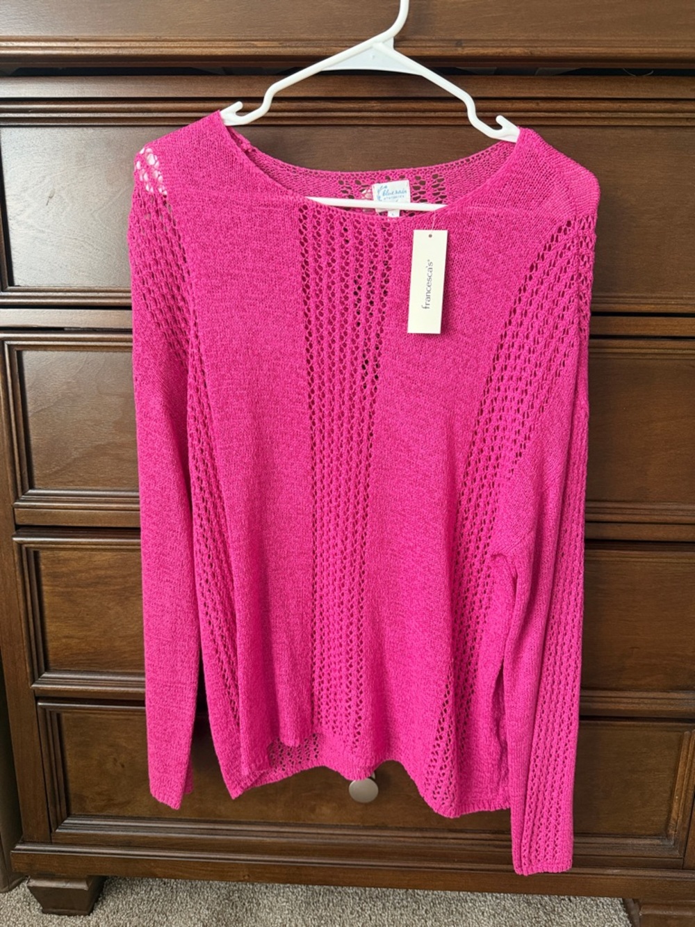 Francesca's Collections Fuchsia Open-Knit Crewneck Sweater